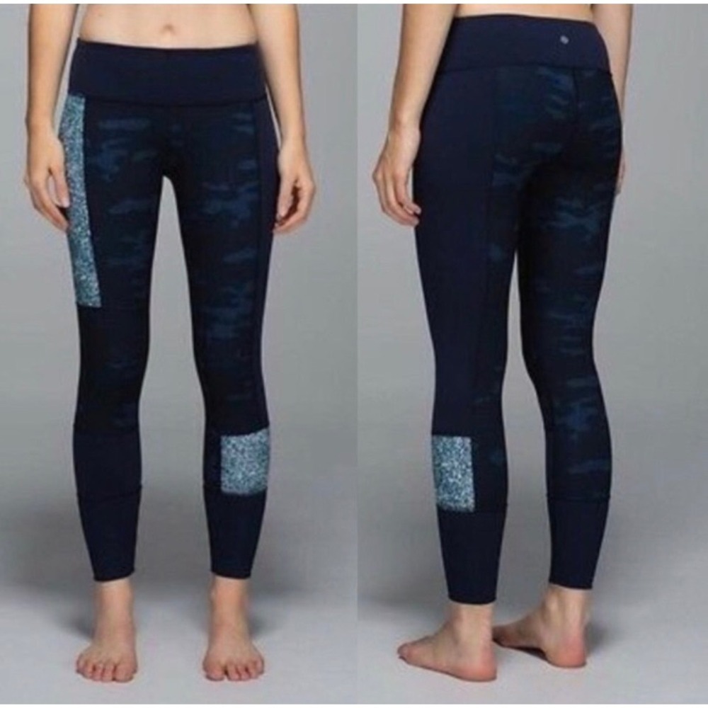 Lululemon Wunder Under Sashiko Patch Camo Pants Navy Blue Size 4‎ Leggings